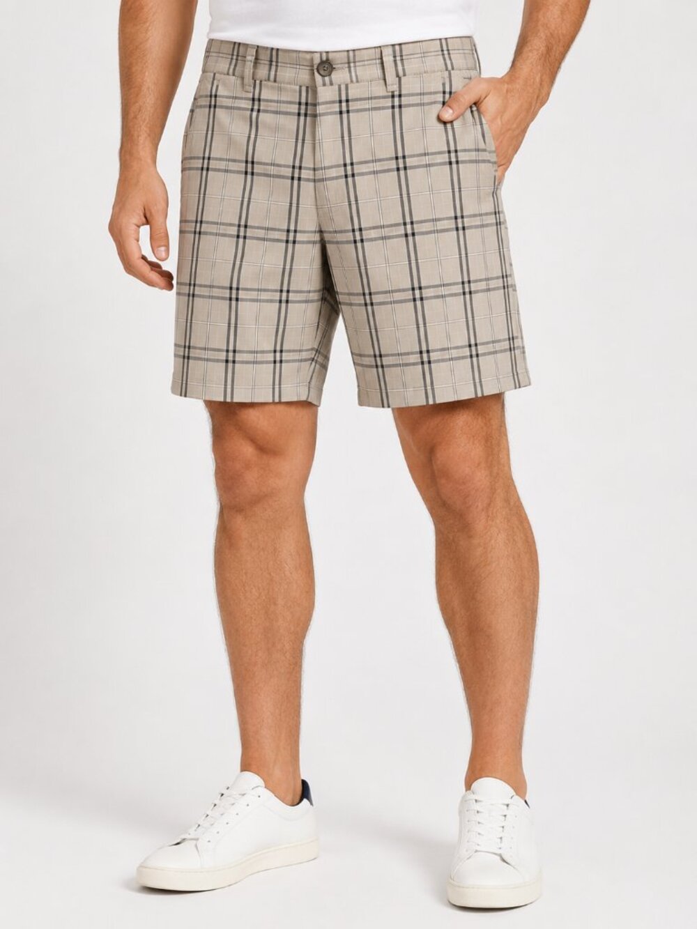 Haggar Men's 36 Tan Plaid Flat Front Shorts Casual Golf Style Polyester